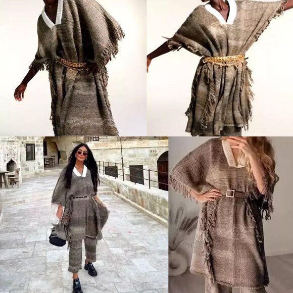Zara Rustic Fringe Wool Alpaca Longline OVERSIZED Poncho - Picture 2 of 7